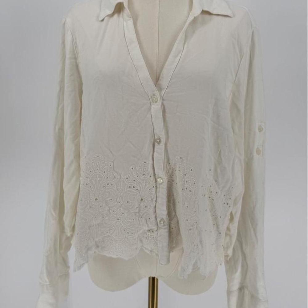 Express Portofino White Eyelet Lace Blouse Slim Fit Button Up Long Sleeve XL